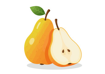 Two pears one sliced with a stem  leaf on a white background