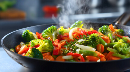 Healthy and balanced vitamin-rich diet, cooking vegetables in a non-stick pan.
