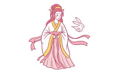 A beautiful woman in traditional attire with a lovely rabbit.