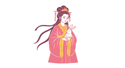 A beautiful woman in traditional dress holding a rabbit, reminiscent of the Mid-Autumn Festival.