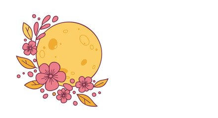 A radiant full moon adorned with delicate pink blossoms and golden leaves.