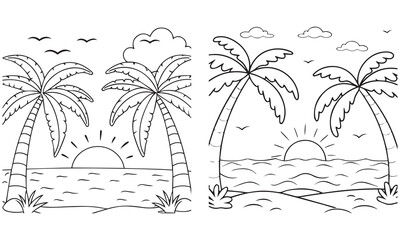 Tropical Beach & Summer Vacation Illustrations: Palm Trees, Sun, and Holiday Icons