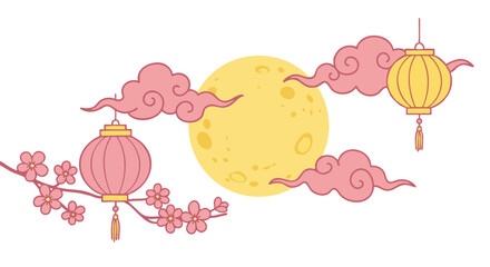 A celestial scene of moon with clouds, lanterns and blossoms.
