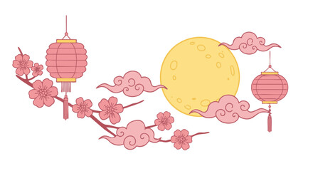 Elegant floral illustration with lanterns and a full moon, evoking a sense of serenity.