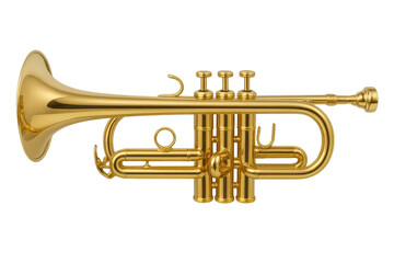 Golden trumpet resting horizontally on a transparent background, poised for an enchanting musical performance