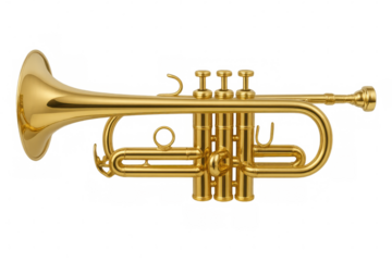 Golden trumpet resting horizontally on a transparent background, poised for an enchanting musical performance