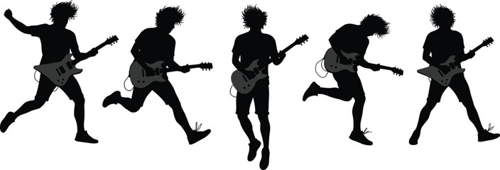 Rock guitarist silhouettes, electric guitar performance, energetic music moment, live concert art, dynamic stage presence, powerful entertainment, artistic music expression
