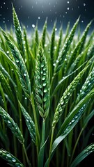 Fototapeta premium Close-Up of Green Wheat Blades With Water Droplets in a Moonlit Scene