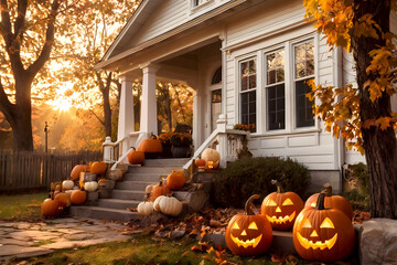 Halloween pumpkins and decorations outside of the house, flowers, exterior home decor, jack lantern, autumn harvest festival, background, postcard.