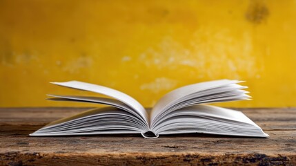 The open book resting on a rustic table against a vibrant yellow background.