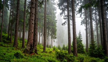 Obraz premium Misty green pine tree wood