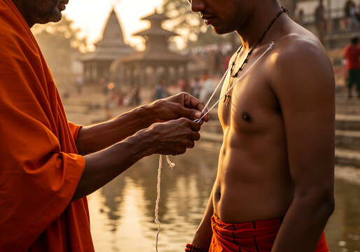 Sacred Thread Ritual: Priest Performing Janai Ceremony during Janai Purnima in Nepal