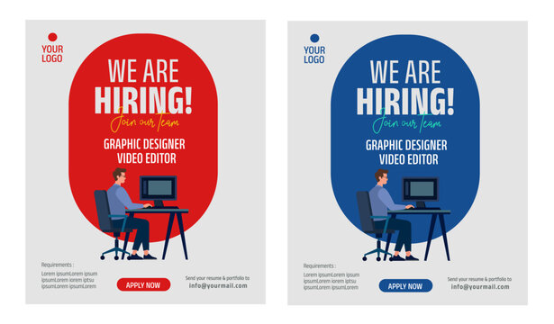 'We are hiring graphic designer and video editor' job vacancy social media banner template. vector illustration