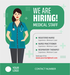 'we are hiring nursing staff' job vacancy advertising. modern social media post template vector illustration
