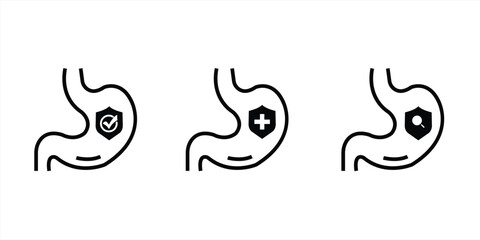 Colitis icon. Stomach with a protected health sign. Check out the intestinal health symbol for medical designs.