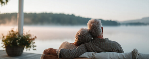 Senior couple embraces lakeside at dawn, serene and peaceful. Symbolizes retirement, love, companionship, relaxation. Ideal for insurance, finance, travel.