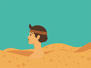 A stylized illustration of a woman_s head and shoulders, depicted in profile view, emerging from a desert landscape 