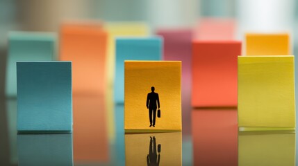 A businessman stands confidently among colorful sticky notes signifying ideas and tasks.