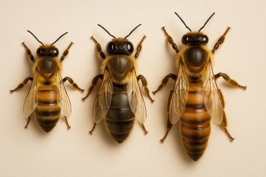 Queen, Drone, and Worker Honey Bee Comparison (Top Down View)