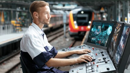 Train operations control train station digital monitoring urban environment side view transportation management efficiency