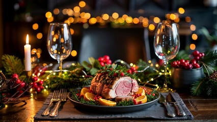 Fototapeta premium A beautifully roasted joint of meat served on a plate with festive christmas decorations and glowing fairy lights creating a warm and inviting atmosphere