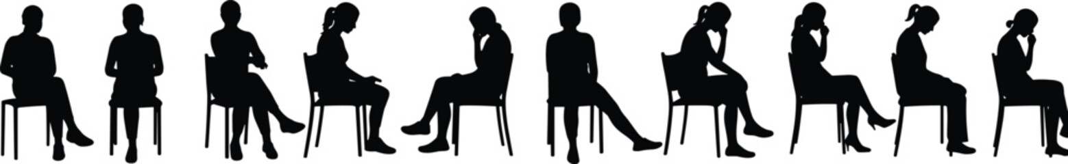 Silhouette of people sitting on chairs, different postures, black and white sketch, waiting pose, side view illustration, minimalist design art