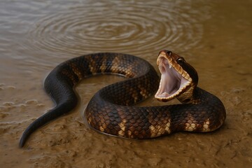 Obraz premium Aggressive cottonmouth snake in a natural setting