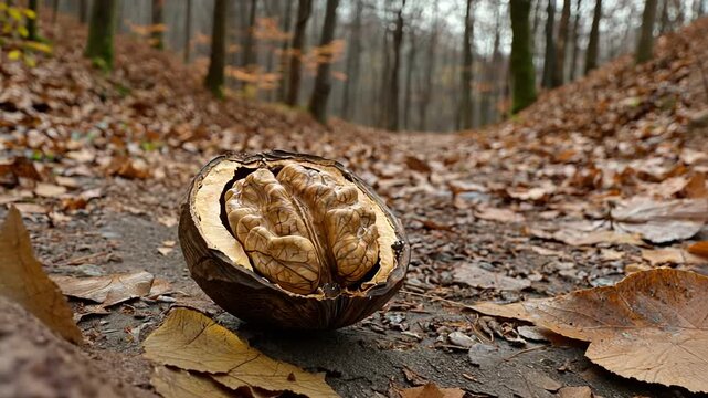 A close-up of a cracked walnut shell on a forest path covered in autumn leaves, with trees in the background