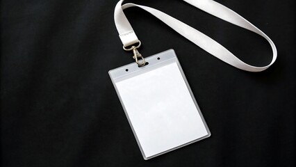 Blank name tag with white lanyard on black background for identity badge and business event concept

