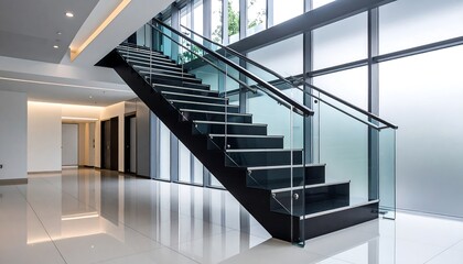 Modern staircase in a bright, spacious hallway