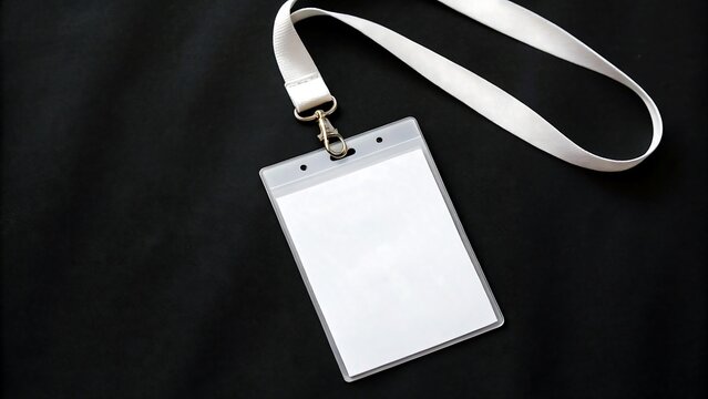 Blank name tag with white lanyard on black background for identity badge and business event concept
