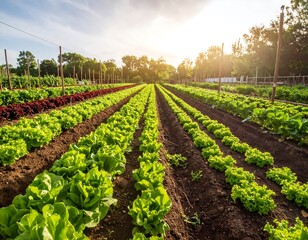 Lush green lettuce rows under a bright sky