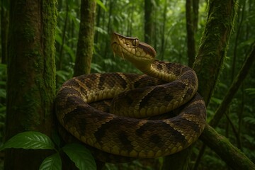 Obraz premium Fer de lance snake in the lush forest, coiled and ready to strike