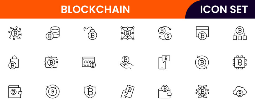 Blockchain and cryptocurrency vector line icons featuring digital coins, wallets, mining, ledgers, security, tokens, exchanges, smart contracts, and decentralized networks.
