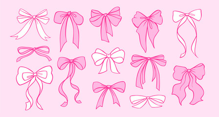 Coquette pink bow ribbon vector - cute vintage gift box with lace details. Romantic Y2K doodle
