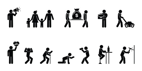 icon people in different situations, set of human figures, stick figure person pictogram, man, woman and children