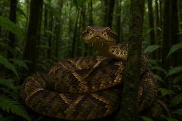 Fototapeta premium Fer de lance venomous snake camouflaged in a vibrant jungle