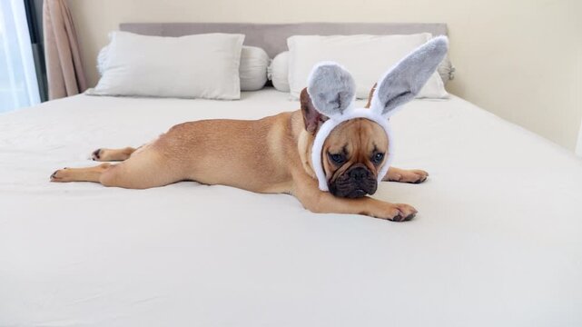 Cute French Bulldog lies flat on her stomach on the bed with her rear legs stretched out, wearing festive bunny ears headband. She embodies lazy Easter spirit with funny, adorable charm.