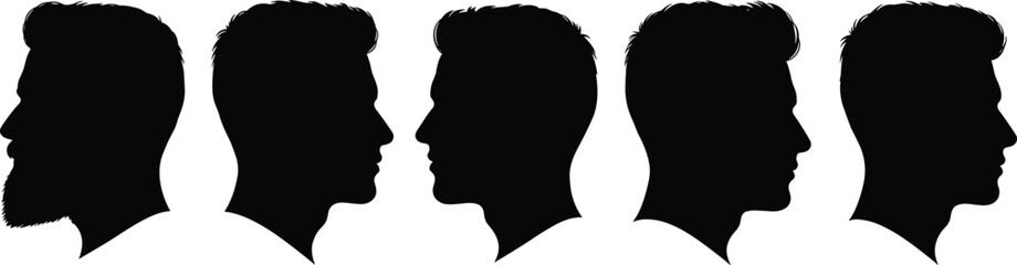 Silhouette profile of diverse men, different hairstyles, beard styles, male grooming, black and white collection, isolated on white background