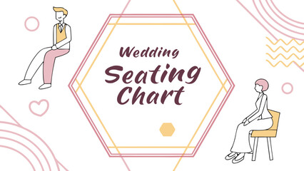 Elegant wedding seating chart design featuring stylized figures and geometric shapes in soft pastel colors