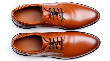 Top View of a Polished Pair of Brown Leather Dress Shoes on a Clean White Background