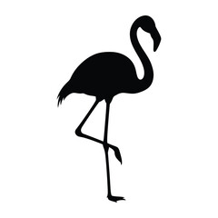 Black flamingo silhouette standing on one leg isolated on white background