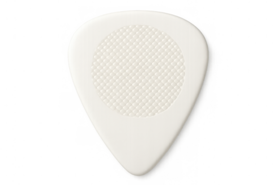 White guitar pick with textured grip surface, positioned for precise strumming, resting against clear backdrop