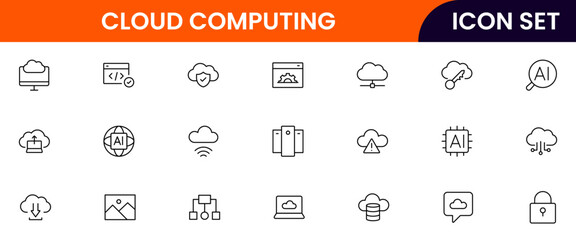Cloud and quantum computing vector line icons featuring servers, data clouds, qubits, circuits, algorithms, networks, processing, security, and futuristic technology elements.