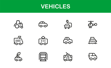 Automotive Vehicles Modern Professional Line Icon Set – Premium Vector Collection Featuring Cars, Trucks, Motorbikes, EVs, Buses, and Transport Symbols