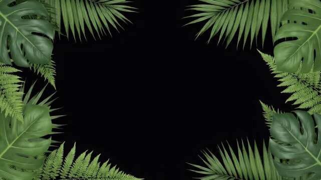 Green Tropical Leaves Frame Black Background with Copy Space Nature