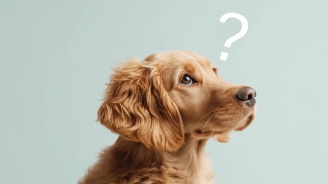 Adorable dog looking thoughtfully with a question mark above, symbolizing curiosity, wonder, and contemplation.
