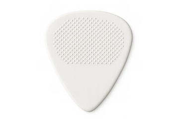 Close-up of a white guitar pick featuring a textured grip pattern, isolated on a transparent background, ideal for music-related projects