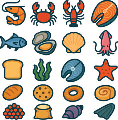 Seafood and baked goods icons shrimp crab