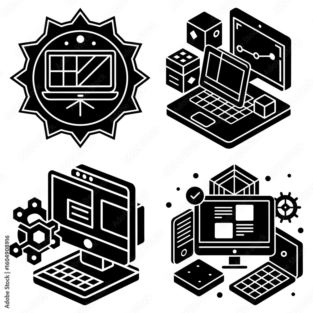 Poster isometric icons showcasing various computer setups and software development themes in black and whit